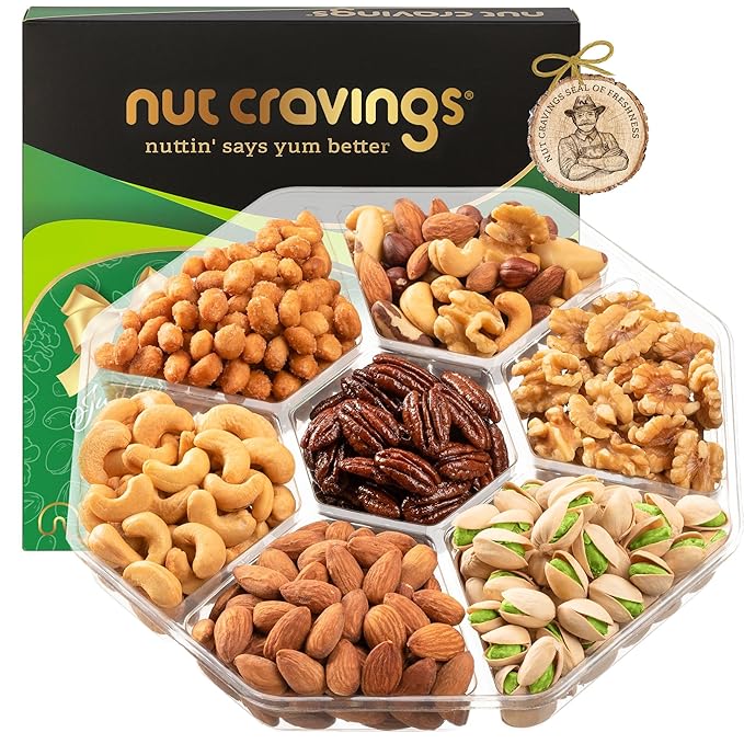 NUT CRAVINGS - Mixed Nuts Gift Basket in Green Gold Box (7 Assortments, 1 LB) Food Arrangement, Healthy Snack Care Package, Food Assortments
