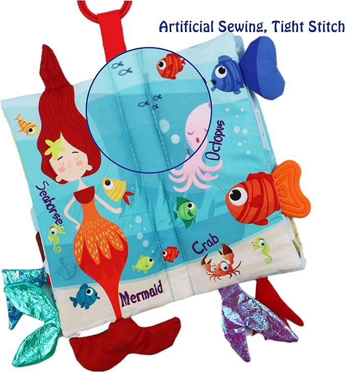 Fish Baby Books Toys 0-6-12-18 Months,Touch Feel Crinkle Cloth Books for Babies Infant Newborn 0-3 Months Baby Girl Boy Shower Gifts Toys,Soft Teething Stroller Toy,Easter Gift Items-Mermaid