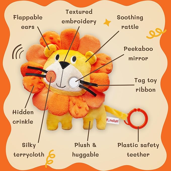 Funstuff Roary The Lion Crinkle Toy for Baby - Sensory Tummy Time Toys - Plush Stuffed Animal with Teething Toy Chew Ring