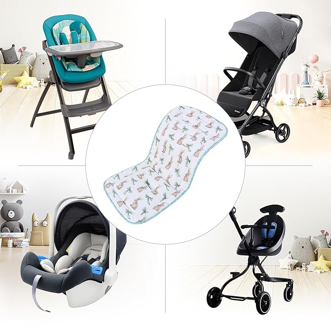 Baby Stroller Cushion,Infant Car Seat Insert-Reversible Universal Breathable and Soft Newborn Stroller Mat,100% Cotton Cover Toddler Seat Pad Liner-34x78cm,1 Pack(Rabbit+Green)