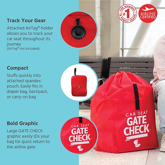 J.L. Childress Gate Check Bag for Car Seats - Travel Bag for Airplane, Fits All Baby & Infant Car Seats, Airport Accessories for Gate Check, Flying Essentials, AirTag Compatible - Red