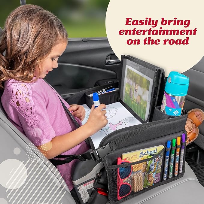 Lusso Gear Car Seat Tray for Kids - 2-Pack, Black - Road Trip Essentials Organizer & Car Seat Snack Tray with Tablet Stand, Mesh Pockets & Cup Holder