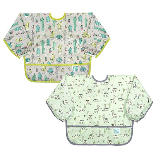 Bumkins - Sleeved Bib - For Boys & Girls, Babies & Toddlers 6-24 Months - Lightweight, Durable, Waterproof - Long Sleeve Bib - Catch-All Pocket - Wipeable & Machine Washable - Cactus & Llama - 2 Pack