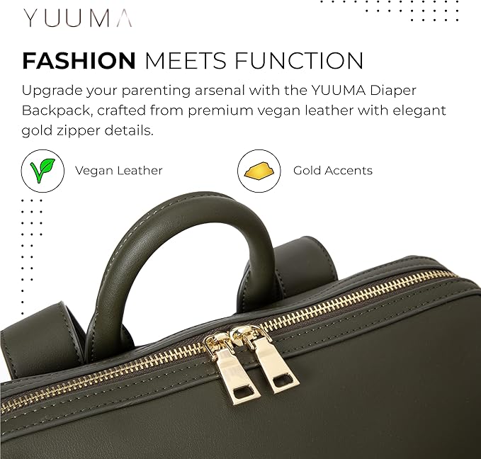 YUUMA Collection Original Diaper Backpack - Vegan Leather Diaper Bag - Gold Zipper - Multiple Pockets - Easy Clean Nylon Interior - Many Colors - Modern Diaper Bag (Olive)
