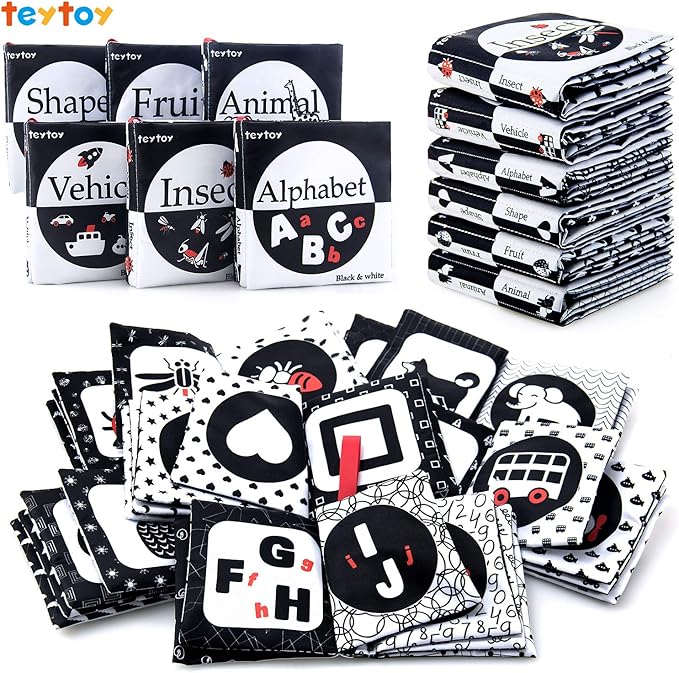 teytoy My First Soft Book, 6 PCS Nontoxic Fabric Cloth Activity Crinkle Black and White Books for Infants Boys and Girls Early Educational Toys Perfect for Baby Shower