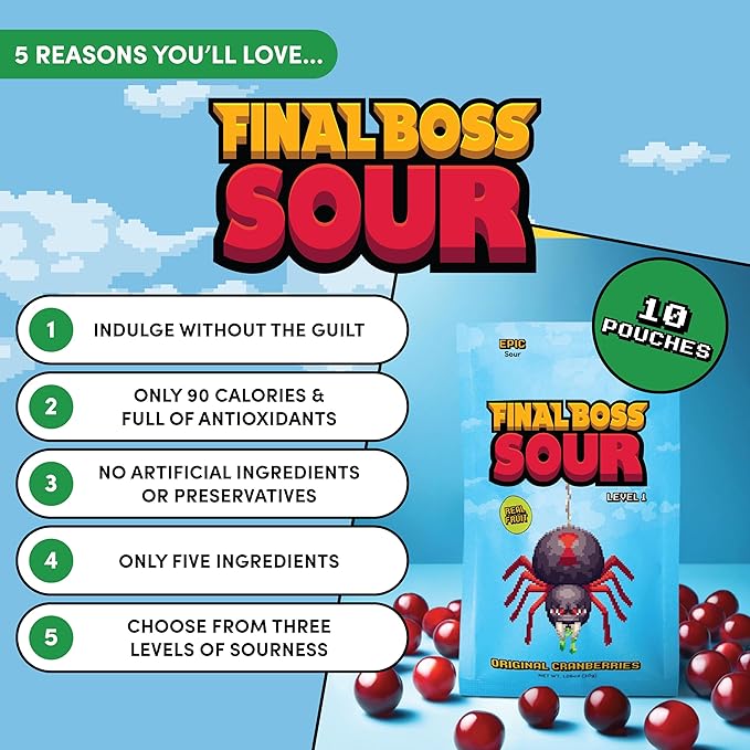 Final Boss Sour Candy, Sour Cranberries, 10 Pack, Level 1, Fruit Chews with Real Dried Fruit, No Artificial Colors or Flavors, Low Calorie Snack for Kids, Teens, Adults, Lunch Boxes & On The Go