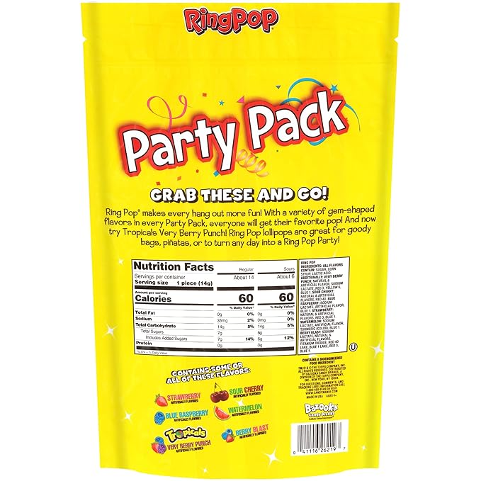 Ring Pop Lollipops - Bulk Candy Individually Wrapped Suckers Variety Party Pack- 20 Count w/ Assorted Flavors - Hard Candy for Party Favors, Kids & Goodie Bags