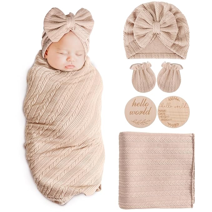 Newborn Receiving Blanket with Bow Hat Mittens Wooden Card Set Wheat-Pattern Newborns Toddler Baby Boy Girl Nursery Swaddle Wrap