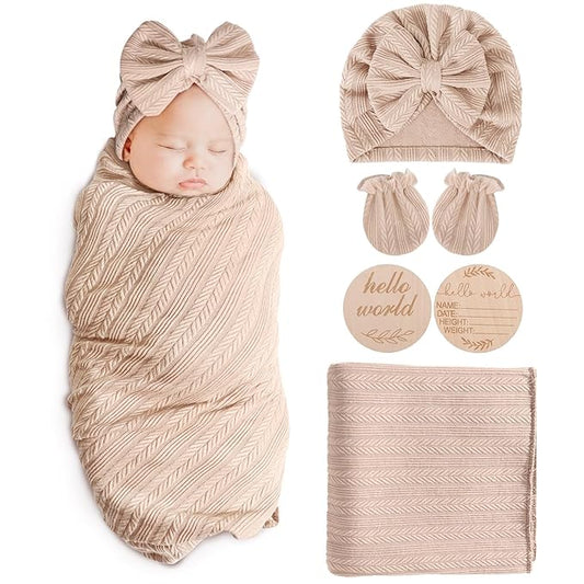 Newborn Receiving Blanket with Bow Hat Mittens Wooden Card Set Wheat-Pattern Newborns Toddler Baby Boy Girl Nursery Swaddle Wrap