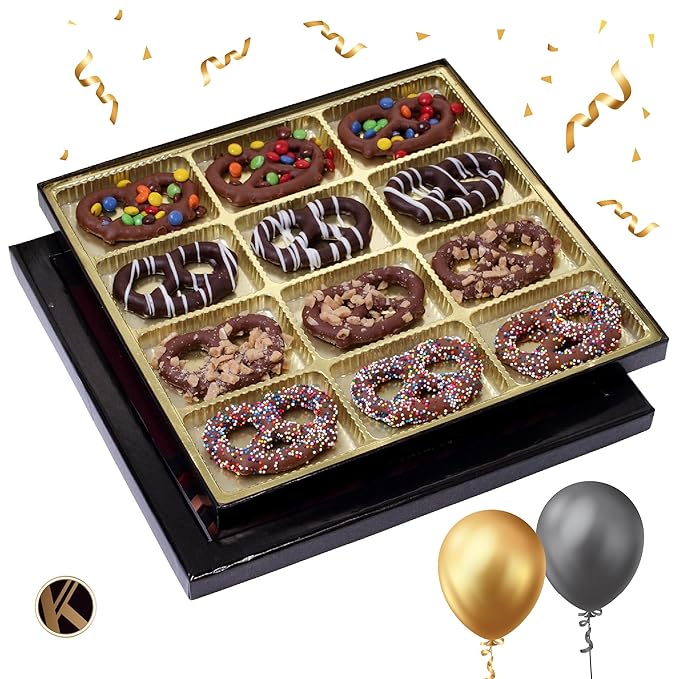 KREMERY Creamy Chocolate Cravings - Birthday Treats, Chocolate Covered Pretzel Twists Gift Basket, in Sectional Gift Box + Greeting Card (12 Pretzels, Assorted Sweet Toppings) Food Assortments USA Made