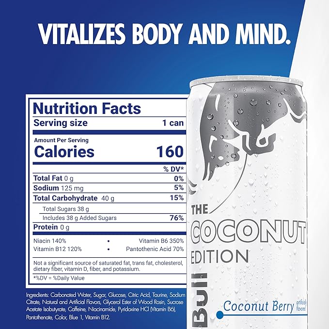 Red Bull Coconut Edition Energy Drink, Coconut Berry, with 114mg Caffeine plus Taurine & B Vitamins, 12 Fl Oz, Pack of 24 Cans