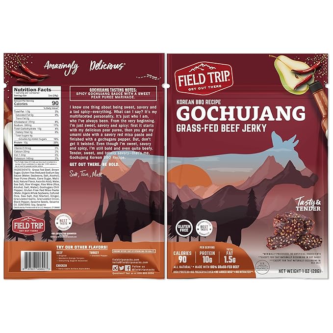 Field Trip Grass Fed Beef Jerky, Healthy Gluten Free Snacks, All Natural, Paleo-Friendly Beef Jerky, High Protein, Low Carb Snack with No Nitrates, 1oz Bag, 12 Pack, Gochujang Korean BBQ