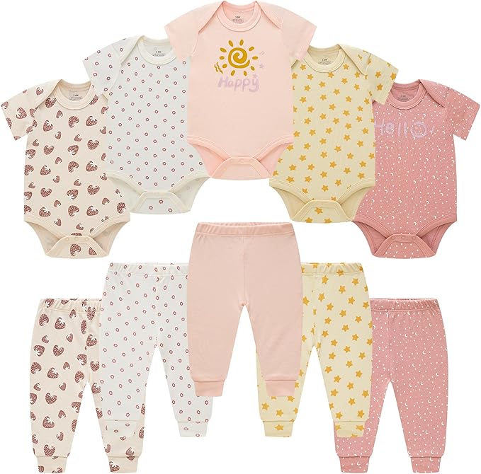 Baby Newborn Layette 10-Piece Sets Cotton Bodysuits Pants Sets for Baby Boys Girls Toddler Unisex Baby Gift Set