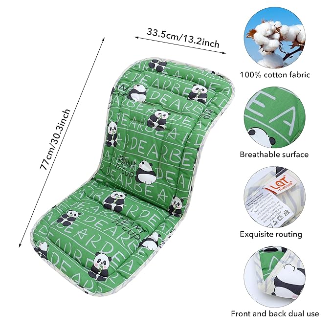 Baby Stroller Cushion,Infant Car Seat Insert-Reversible Universal Breathable and Soft Newborn Stroller Mat,100% Cotton Cover Toddler Seat Pad Liner-34x78cm,1 Pack(Green Panda)