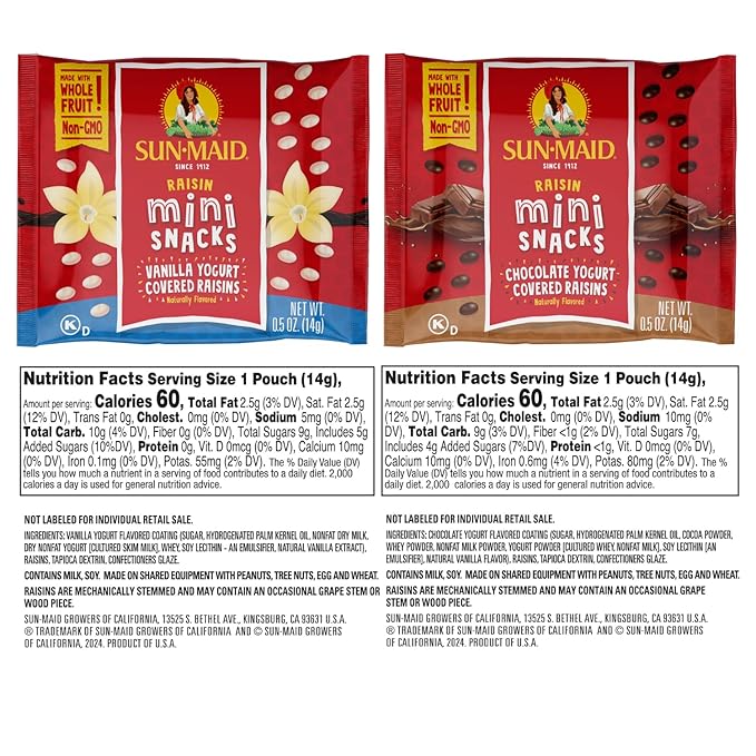 Sun-Maid Vanilla & Chocolate Yogurt Coated Raisins Variety Pack - (36 Pack) 0.5 oz Mini Snack-Size Bag - Yogurt Covered Dried Fruit for Lunches and Back to School Snacks (Amazon Exclusive)