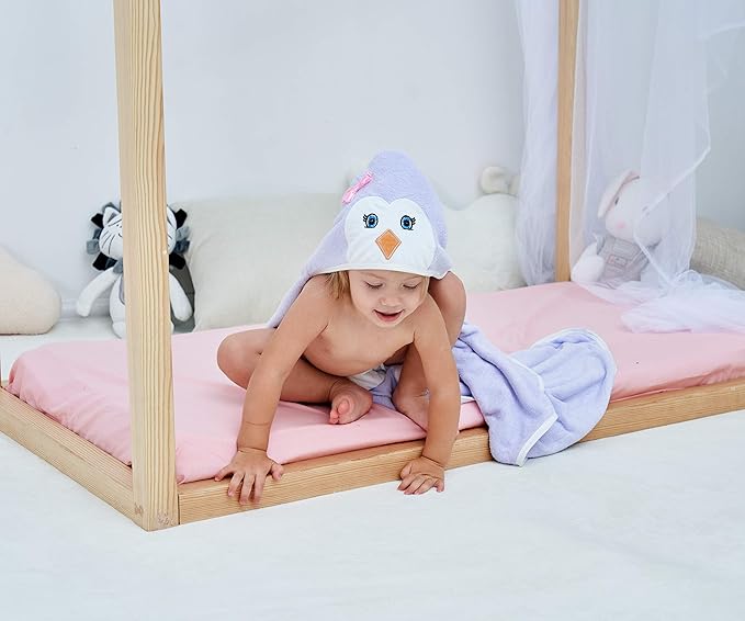 HIPHOP PANDA Hooded Towel - Rayon Made from Bamboo, Bath Towel with Bear Ears for Newborn, Babie, Toddler, Infant - Absorbent Large Baby Towel - Purple Penguin, 37.5 x 37.5 Inch