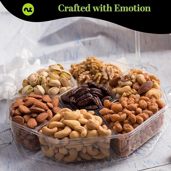 NUT CRAVINGS Gourmet Collection - Happy Birthday Treats, Nuts Gift Basket with Bday Ribbon (7 Assortments) Food Platter, Healthy Snack Care Package, Food Assortments