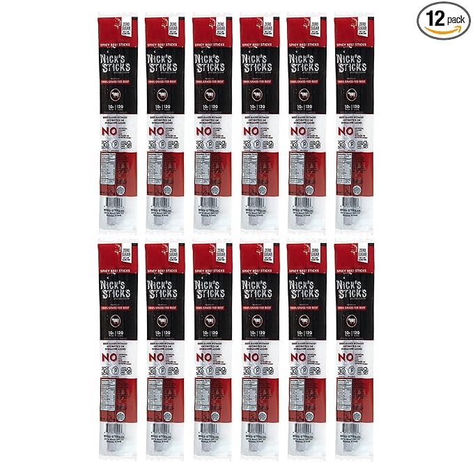 Nick's Sticks Clean & Balanced 100% Grass-Fed Spicy Beef Snack Sticks | Made in the USA | Gluten Free | Paleo, Keto, Whole30 Approved | No Soy, Antibiotics or Hormones (12 – 1.7oz. Packages of 2 Sticks)