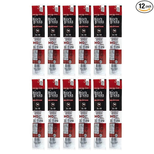 Nick's Sticks Clean & Balanced 100% Grass-Fed Spicy Beef Snack Sticks | Made in the USA | Gluten Free | Paleo, Keto, Whole30 Approved | No Soy, Antibiotics or Hormones (12 – 1.7oz. Packages of 2 Sticks)