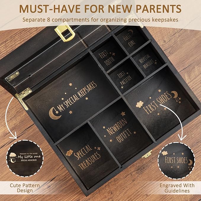 Baby Keepsake Box Wooden with 6 Additional Items - Baby Shower Gifts for Girls Boys New Mom, Newborn Essentials Must Haves Memory Box with Tooth Fairy Tooth Holder, Engraved with Guidelines, Large