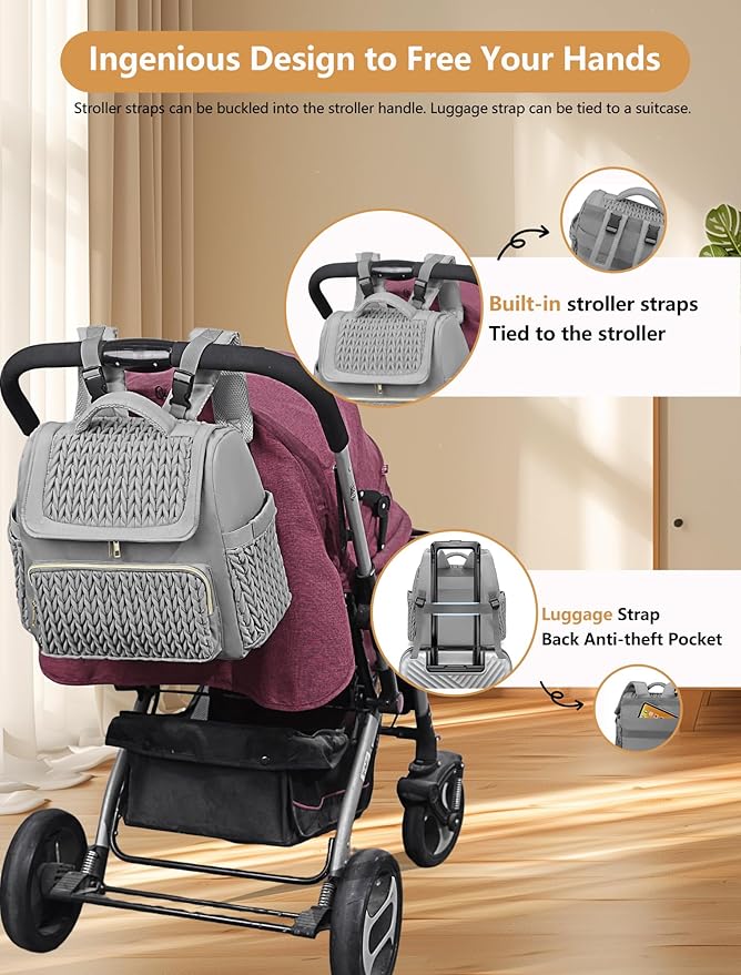 Diaper Bag Backpack, Baby Bag with Changing Pad, Travel Waterproof Diaper Bag Tote, Newborn Essentials Must Haves, Luxury baby shower gifts for boys & Girls, Grey