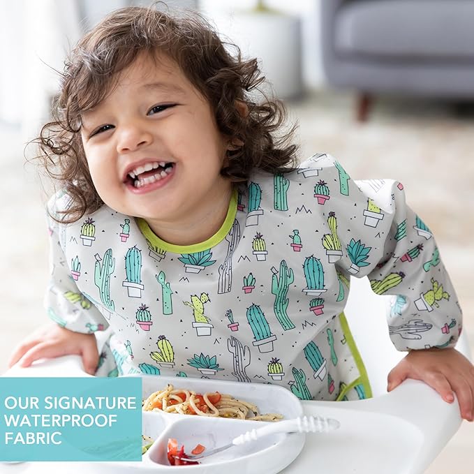 Bumkins Sleeved Bib for Girl or Boy, Baby and Toddler for 6-24 Mos, Essential Must Have for Eating, Feeding, Baby Led Weaning Supplies, Long Sleeve Mess Saving Food Catcher, Soft Fabric, Cactus Green