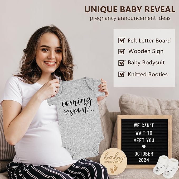 Pregnancy Announcement, Coming Soon Baby Announcement For Grandparents Dad Husband Family, Pregnancy Reveal Ideas, Gender Reveal Baby Shower Gifts -Felt Letter Board, Onesie, Booties, Wooden Sign