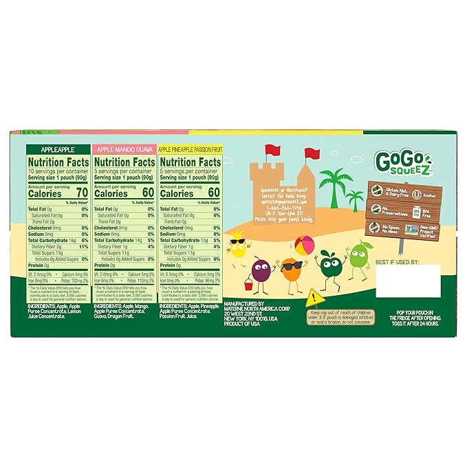 GoGo squeeZ Applesauce and Fruit Puree Variety Pack, Apple, Mango Guava & Pineapple Passionfruit, 3.2 oz (Pack of 20), Unsweetened Fruit Snacks for Kids, No Gluten, Nut & Dairy, BPA Free Pouches