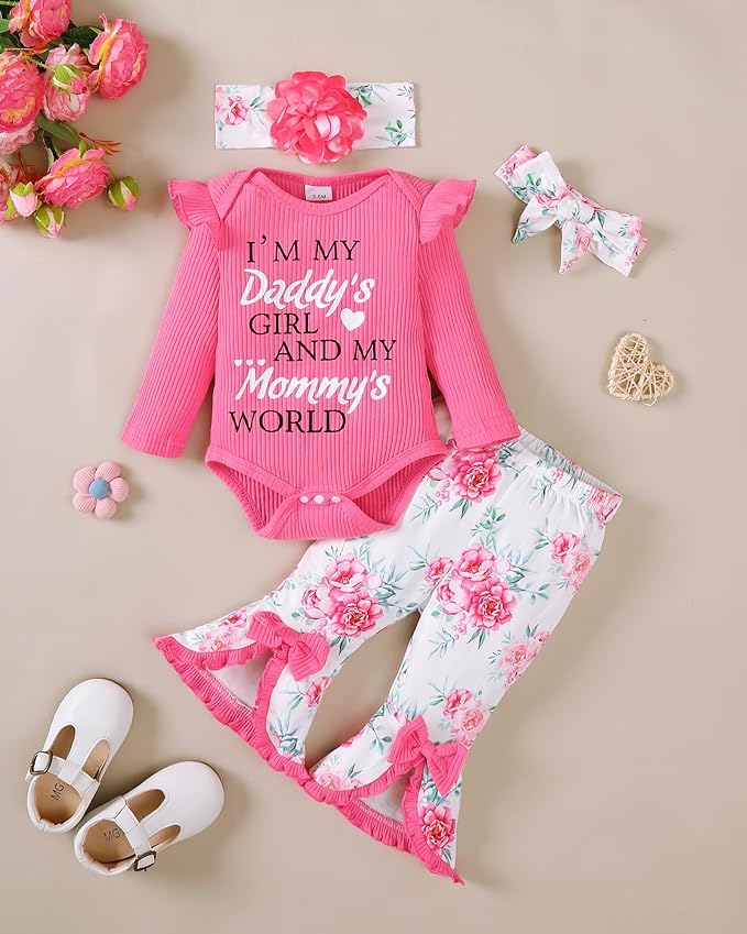 SUNNY PIGGY Newborn Baby Girl Clothes Infant Outfits Romper Floral Fall Outfit Bell Bottoms Pant Sets Hat Headband Flowerpant
