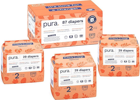 Pura Hypoallergenic Diapers, Size 2 (7-13 lbs) Totally Chlorine Free, Wetness Indicator, Suitable for Sensitive Skin, Soft Organic Cotton, Overnight, 3 Packs of 29 (87 Baby Diapers)