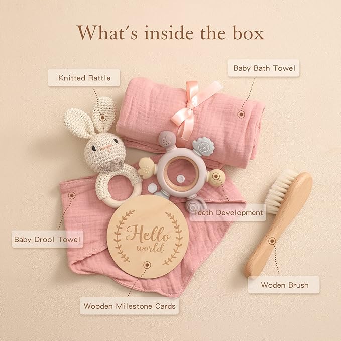 EERKEOD Baby Gift Set for Newborn New Baby Gift Set - Newborn Baby Essentials Baby Bath Set with Baby Blanket Baby Rattle - New Born Baby Girls Gift & Baby Boy Gifts for Baby Shower