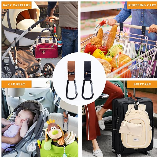 4 Pack Baby Stroller Hooks for Hanging | Multipurpose Stroller Straps with Durable and Stylish Stroller Clips for Diaper Bags | The Perfect Mummy Hook for Stroller, Walker and Shopping (Brown & Black)