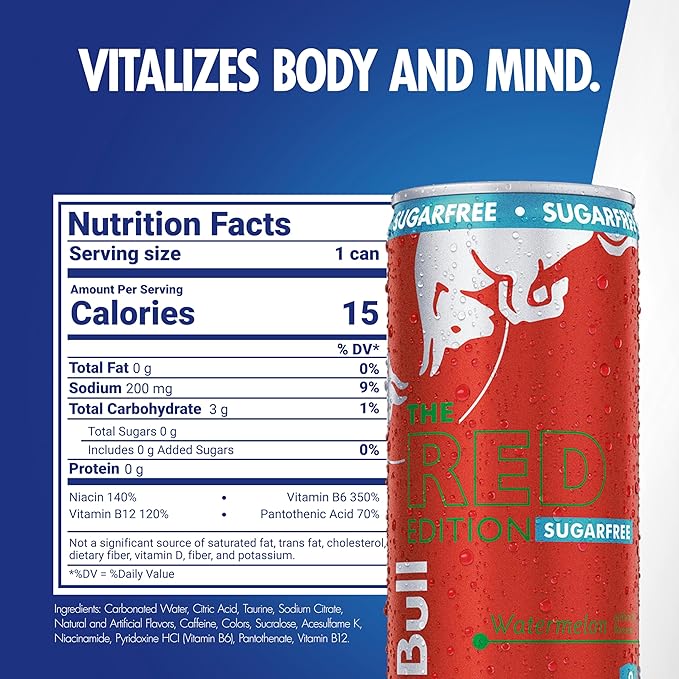 Red Bull Red Edition Sugar Free Energy Drink, Watermelon, with 114mg Caffeine plus Taurine & B Vitamins, 12 Fl Oz, 6 Packs of 4 Cans (Pack of 24)