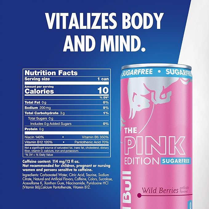 Red Bull Pink Edition Sugar Free Energy Drink, Wild Berries, 12 fl. z., Case of 24 cans, with 114mg Caffeine, Taurine & B Vitamins