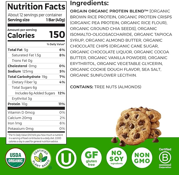 Orgain Organic Vegan Protein Bars, Chocolate Chip Cookie Dough - 10g Plant Based Protein, Low Calorie Healthy Snacks, No Lactose or Soy Ingredients, Gluten Free, Non-GMO - 1.41 Oz (Pack of 12)
