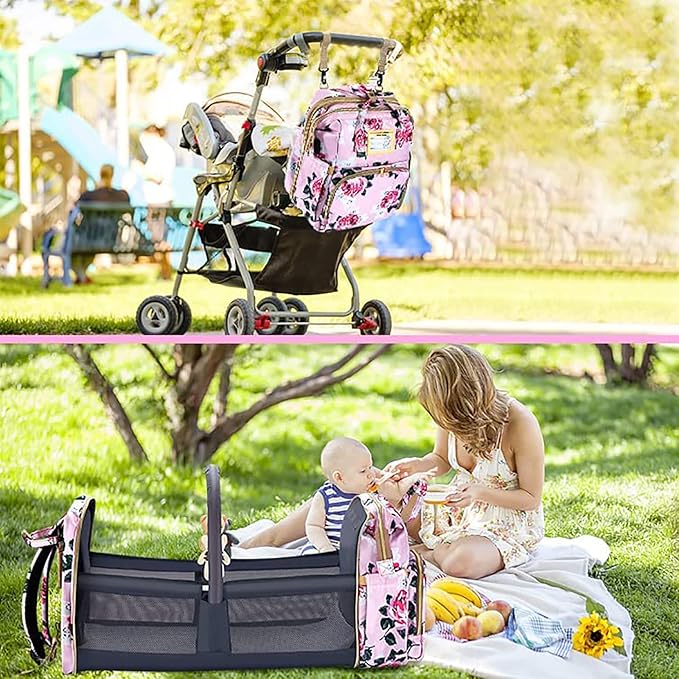 Diaper Bag Backpack with Changing Station, Foldable for Bady Toddler, 3 in 1 Large Capacity Newborn Essentials Organizer with Stroller Hook for Girls and Boys（Pink）