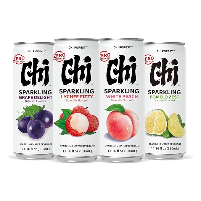 CHI FOREST Sparkling Water Beverage, 4 Flavors Variety Pack, Zero Sugar, 11.16 fl oz Cans (Pack of 24)