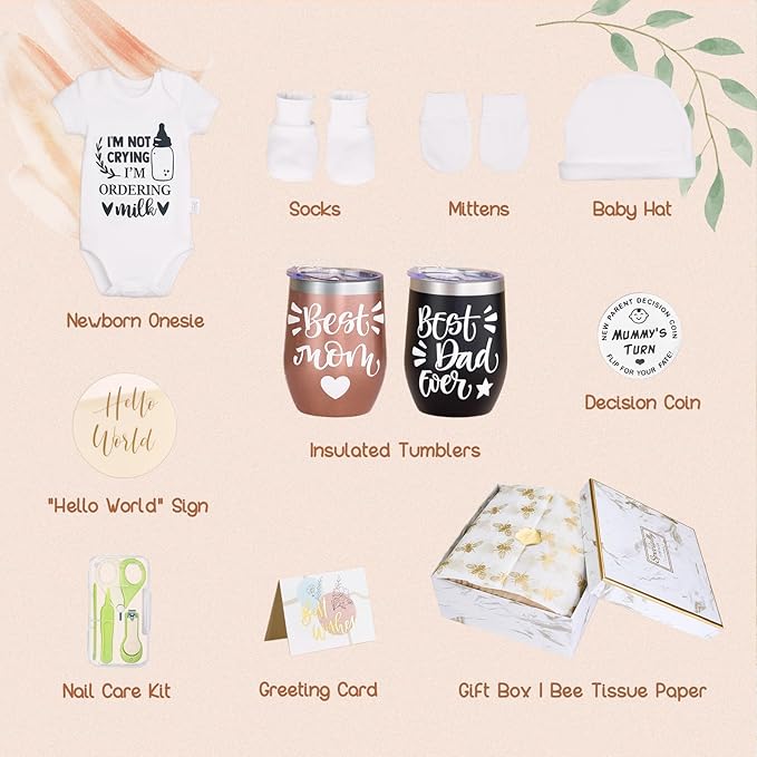 Gender Reveal Gift,10Pcs New Parents Dad Mom to Be Tumbler Gifts,Neutral Boy Girl Baby Gift, Baby Shower Basket,First Time Expecting Parent, Newborn Essentials Box, Pregnancy Announcement Babe Arrival