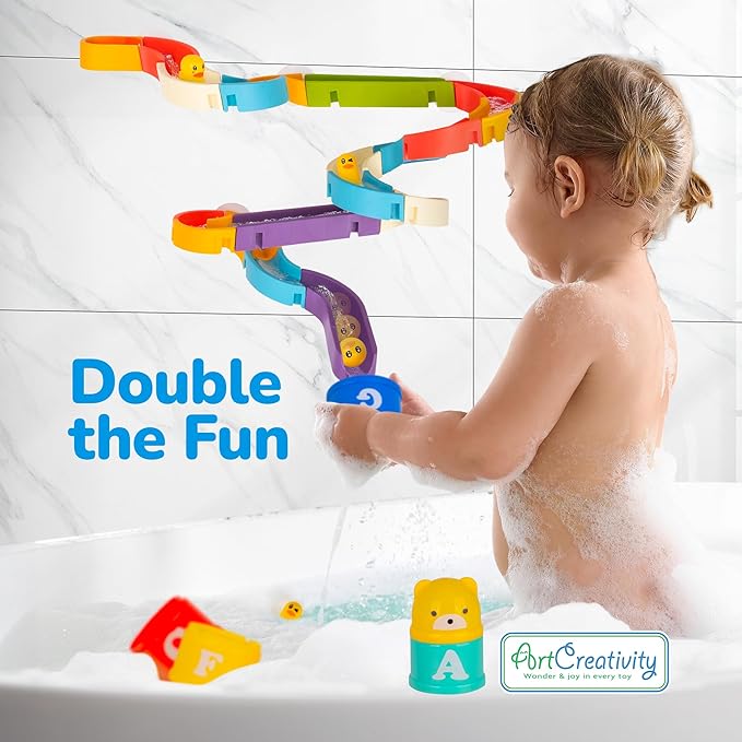 ArtCreativity 29 PCS Duck Bathtub Slide Toys, Toddler Bath Tub Water Toy Set with Bonus Stacking Cups, Lights & Sounds - Fun Birthday Gift for Boys & Girls, Kids Shower Toy and Pool Accessories