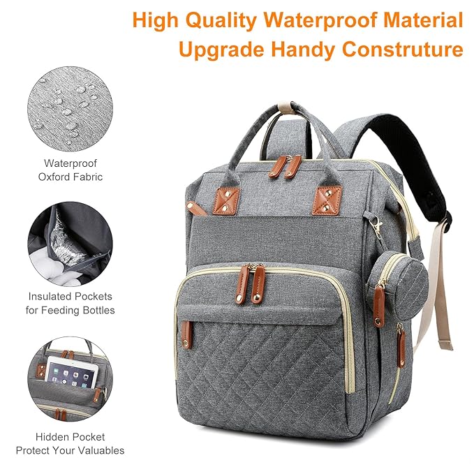 Baby Diaper Bag Backpack, Waterproof Baby Bags for Boys Girls, USB Charging Port, Baby Shower Gifts, Grey