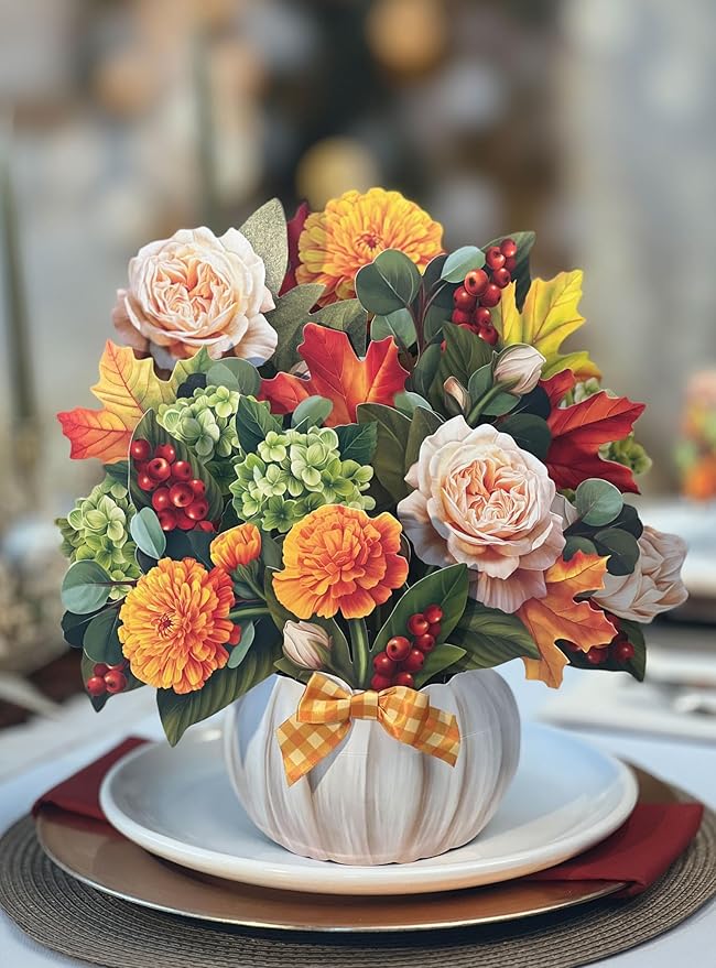 Freshcut Paper Pop Up Cards, Pumpkin Spice, 12 Inch Life Sized Forever Flower Bouquet 3D Popup Greeting Card, Autumn Cards, Birthday Card, Blank Notecard & Envelope