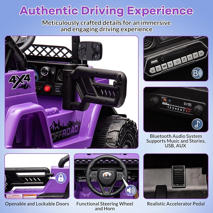 GarveeLife 12V Kids Ride On Car, Ride On Toy for Kids Ages 37-96 Months, Electric Truck with 5MPH Max Speed, Remote Control, Steering Wheel, Accelerator Pedal, Treaded Tires, Music and Story, Purple