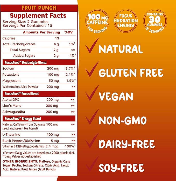 Energy Chews – Fruit Punch Flavor (15 Servings) – 100mg Caffeine + L-Theanine + B12, Magnesium – Boost Focus & Energy – No Crash or Jitters