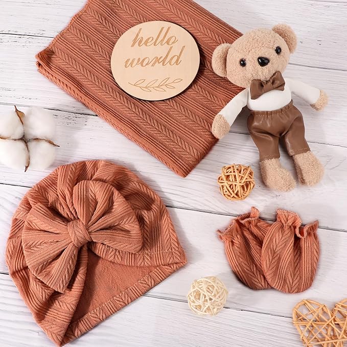 Newborn Receiving Blanket with Bow Hat Mittens Wooden Card Set Wheat-Pattern Newborns Toddler Baby Boy Girl Nursery Swaddle Wrap