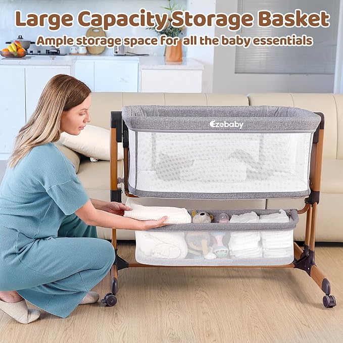 Ezebaby 3-in-1 Rocking Bassinet for Baby Adjustable Baby Bassinets Bedside Sleeper with Wheels Storage Basket and Mesh Sides for Newborn Infant
