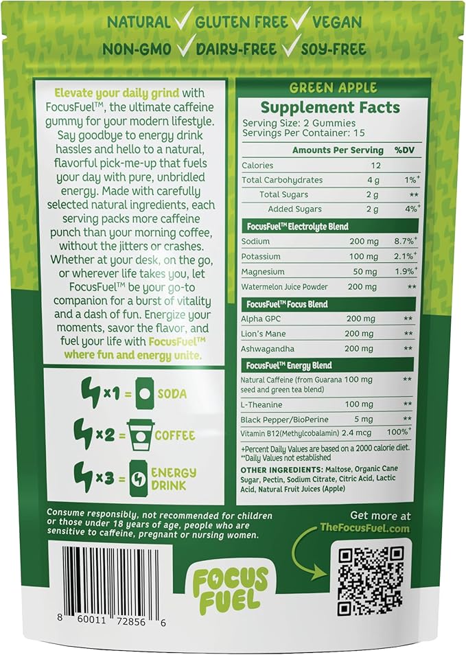 Energy Chews – Green Apple Flavor (15 Servings) – 100mg Caffeine + B12, Magnesium, Alpha GPC – Boost Focus & Energy – No Crash or Jitters
