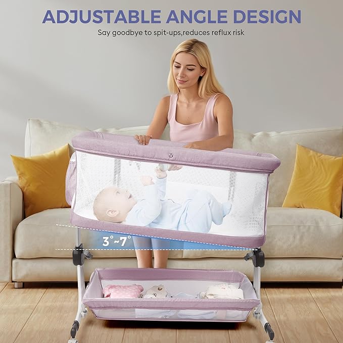 Baby Bassinet Bedside Sleeper, Upgraded Stability Bedside Crib with Full Mesh Sides, Soft Sheet, 6-Height Adjustment, Storage Basket, Easy Folding Portable Bassinet for Newborns,Pinkish Purple