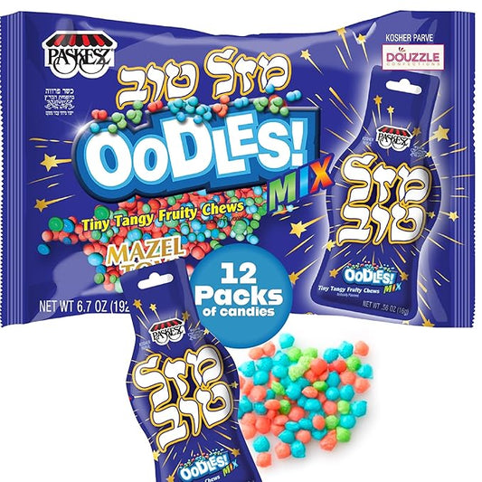 DOUzzle Back To School Oodles Mazal Tov Blue Tiny Tangy Fruity Chews Mix (12 Count, 1 Pack) Individually Wrapped, Party Favor, Goodie Bag & Pinata Filler - Kosher Parve