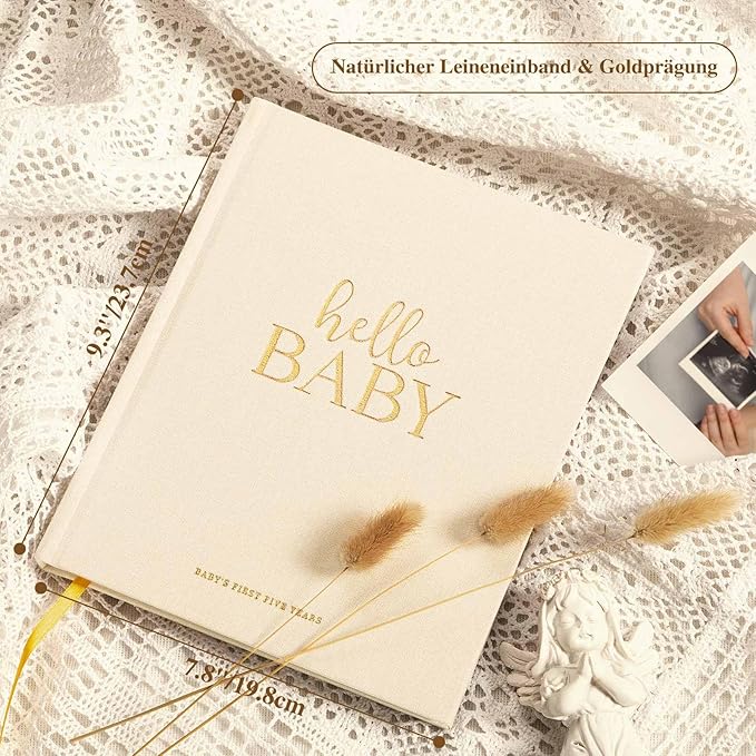 Lanpn Hello Baby First 5 Year Memory Book for Boy Girl - Linen Hardcover Baby Book Keepsake for New Parents - Newborn Baby Journal Scrapbook Photo Album Baby Milestone Book (Beige, 154 Pages)