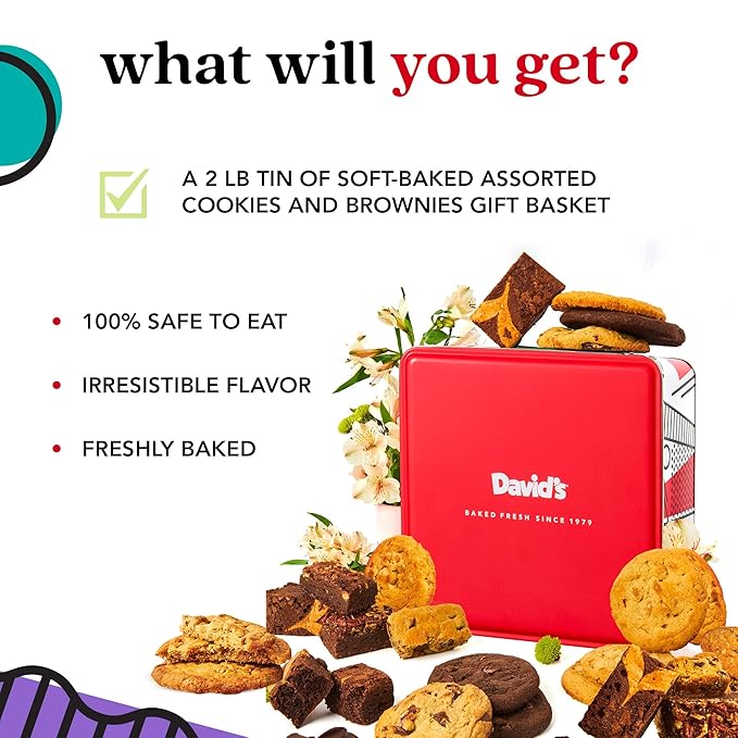 David’s Cookies Gourmet Assorted Cookies and Brownies Gift Basket - 12 x 1.5oz fresh baked cookies and 10 x 2oz individually wrapped brownies - Great for Sharing, Ideal Gift for All Special Occasions